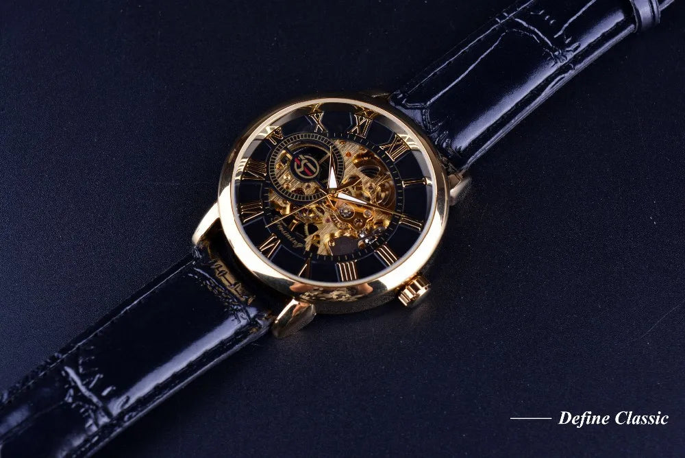 Luxury Skeleton Watch – Black & Gold Mechanical Edition