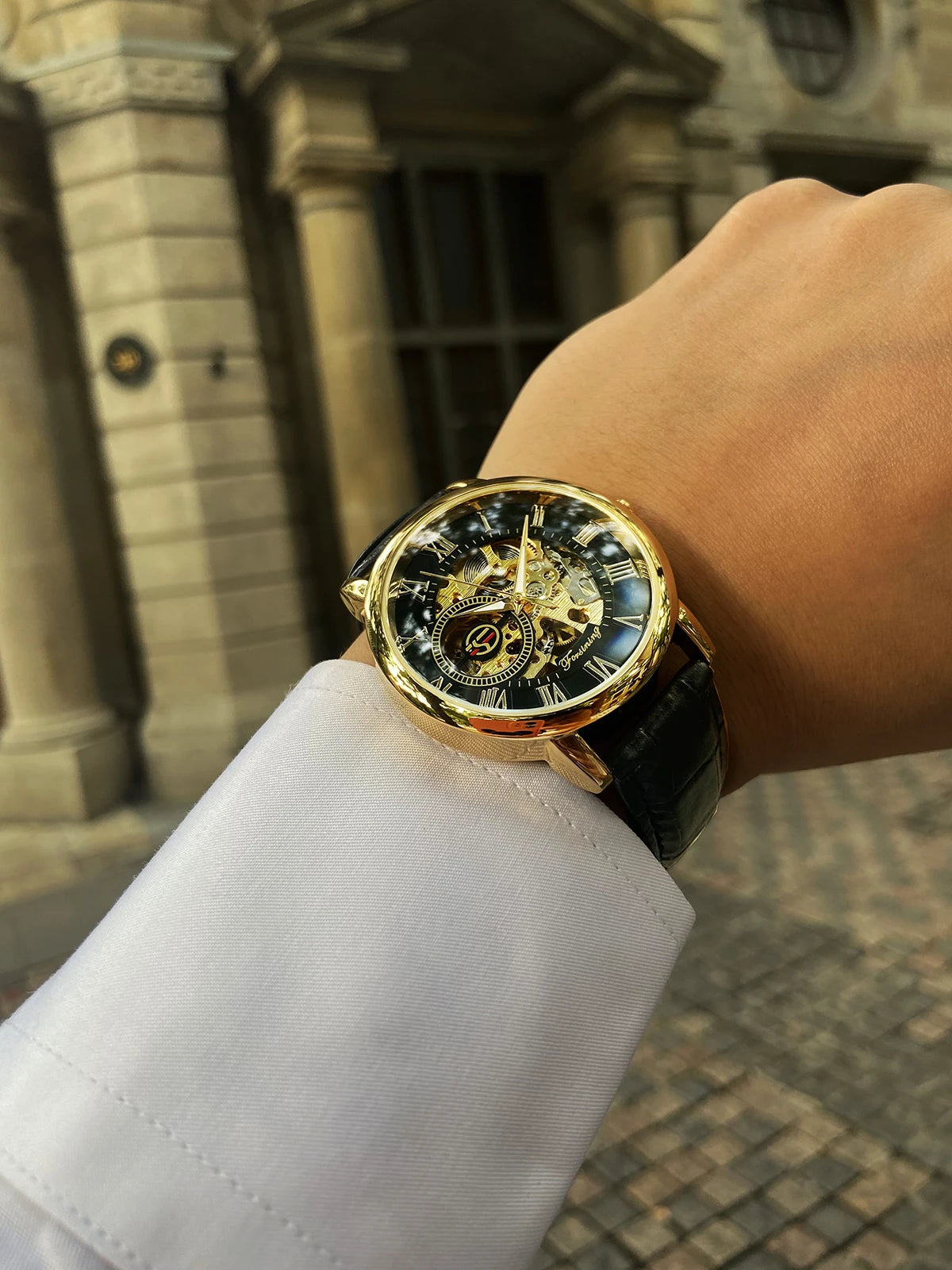 Luxury Skeleton Watch – Black & Gold Mechanical Edition
