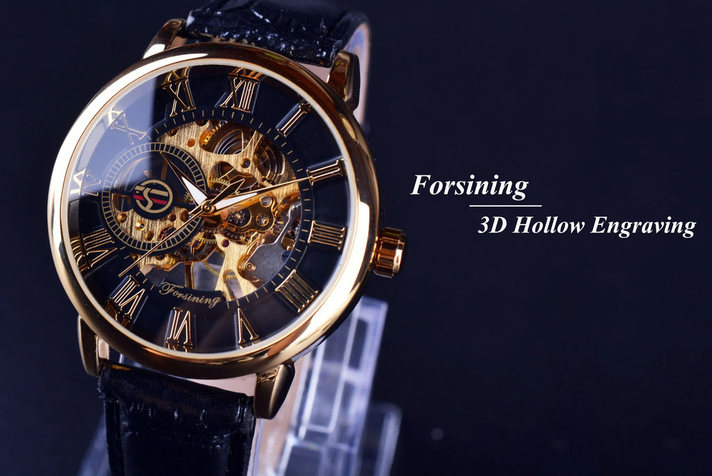 Luxury Skeleton Watch – Black & Gold Mechanical Edition