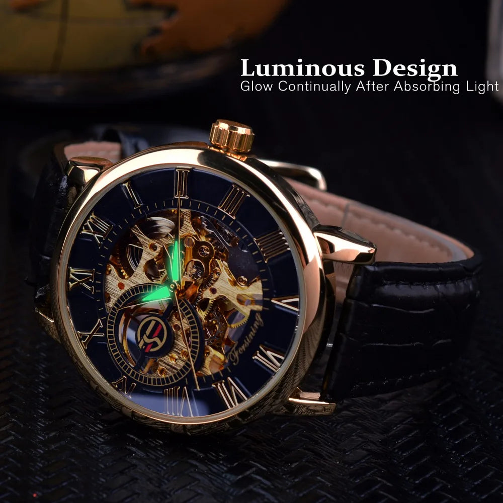 Luxury Skeleton Watch – Black & Gold Mechanical Edition