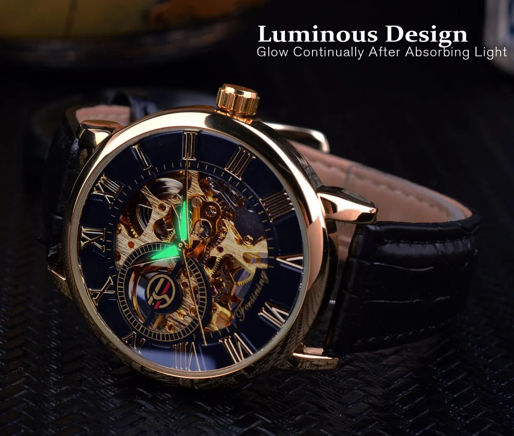 Luxury Skeleton Watch – Black & Gold Mechanical Edition