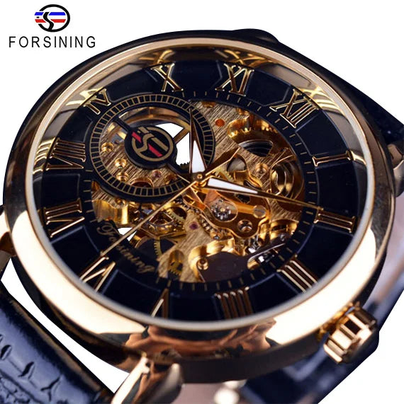 Luxury Skeleton Watch – Black & Gold Mechanical Edition