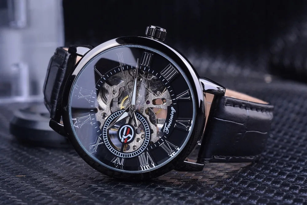 Luxury Skeleton Watch – Black & Gold Mechanical Edition