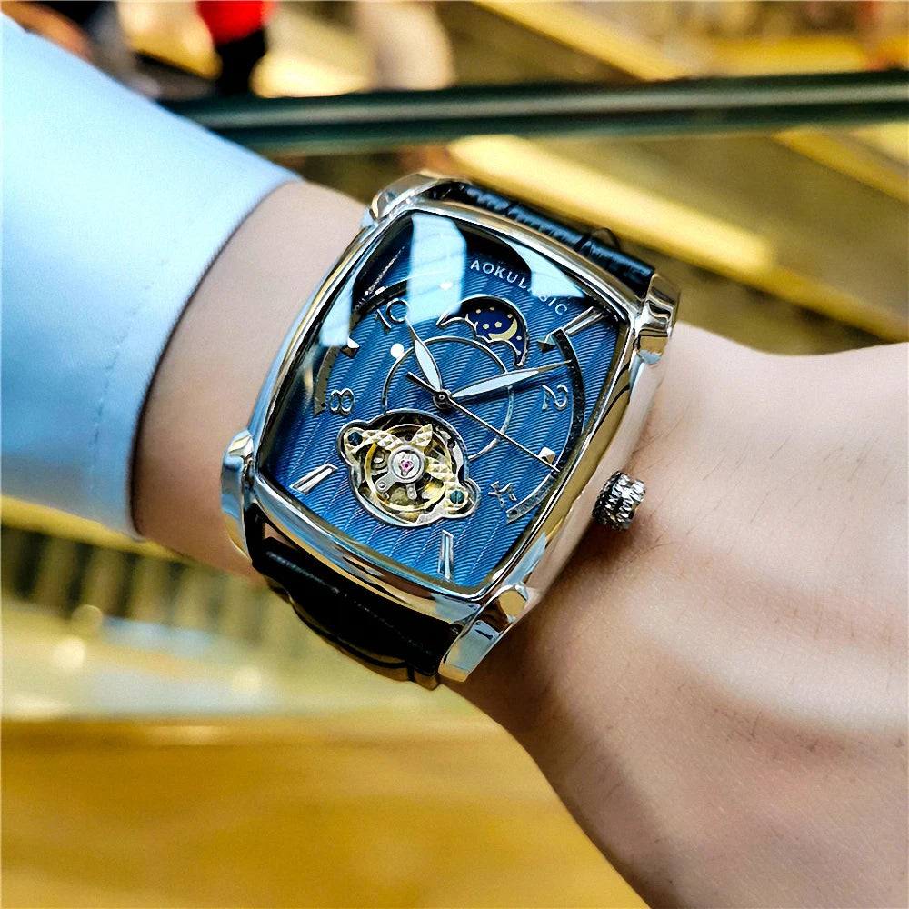 Luxury Tonneau Skeleton Watch – Moon Phase Automatic Edition