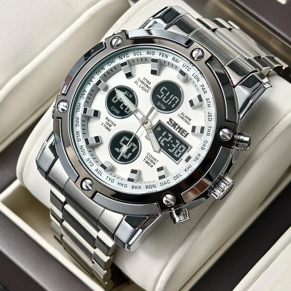 Luxury Steel Hybrid Watch – Analog Digital Dual Time