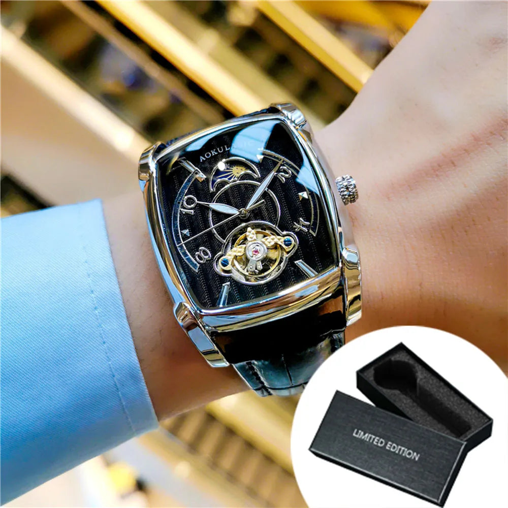 Luxury Tonneau Skeleton Watch – Moon Phase Automatic Edition