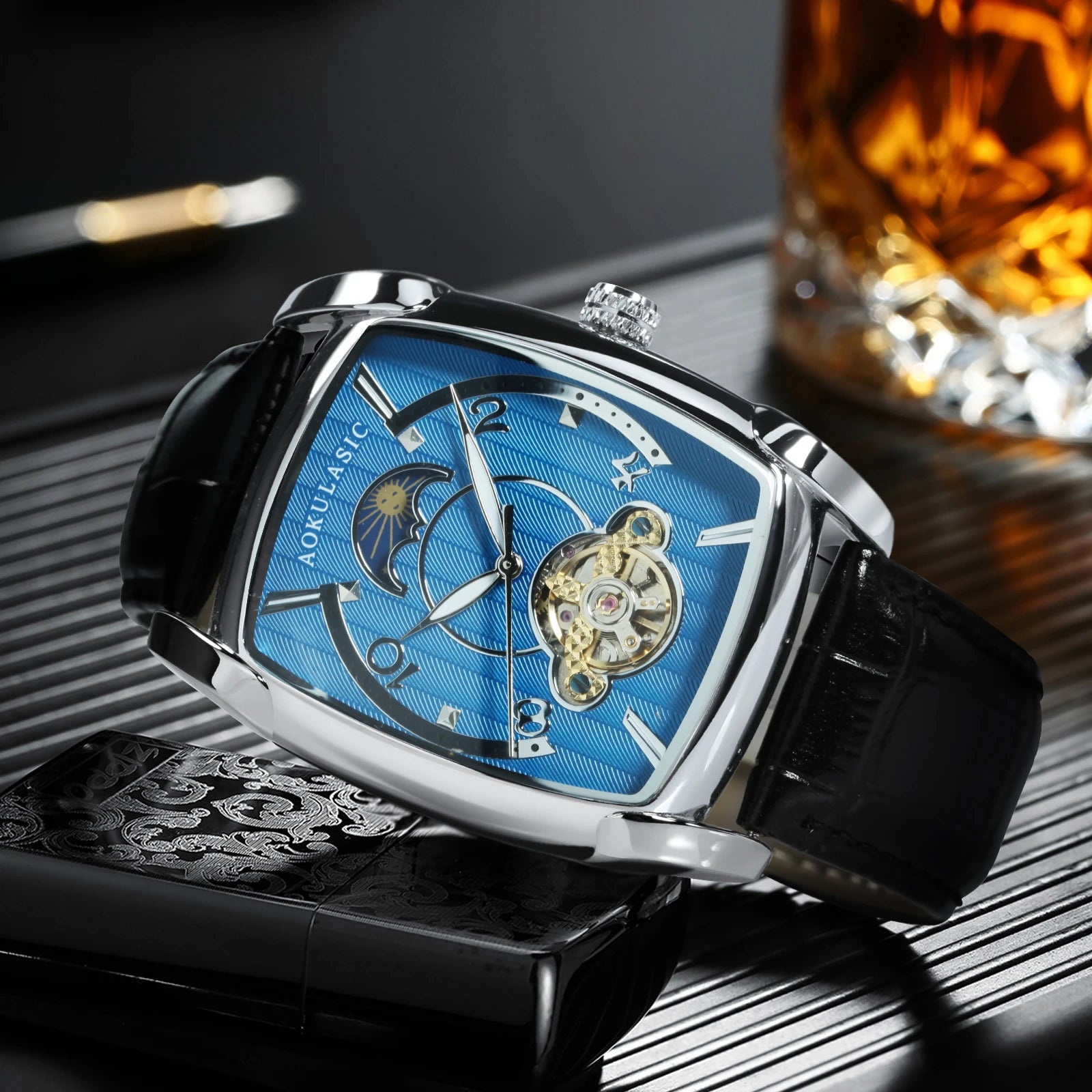 Luxury Tonneau Skeleton Watch – Moon Phase Automatic Edition