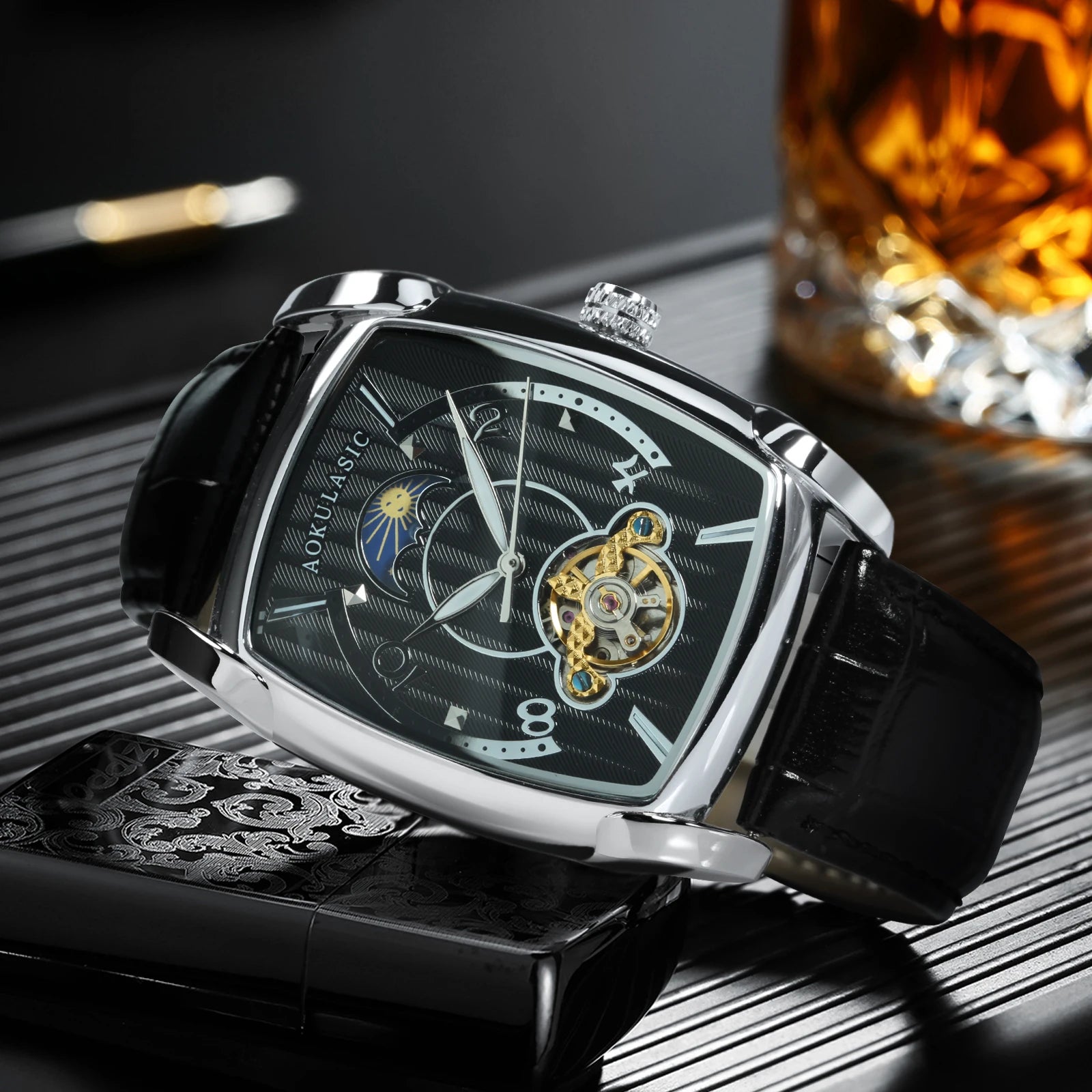 Luxury Tonneau Skeleton Watch – Moon Phase Automatic Edition