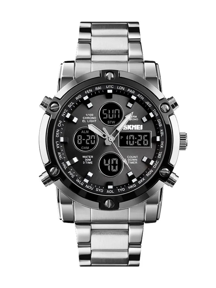 Reloj híbrido de lujo de acero – Hora dual analógica y digital