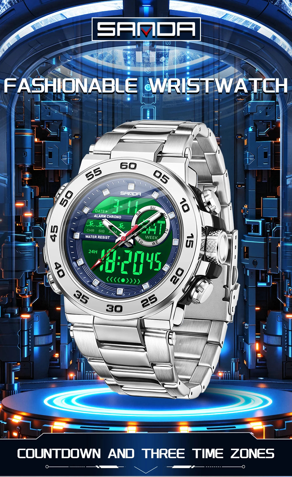 Premium Stainless Steel Sport Watch – Dual Display