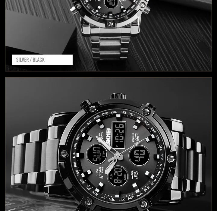 Reloj híbrido de lujo de acero – Hora dual analógica y digital