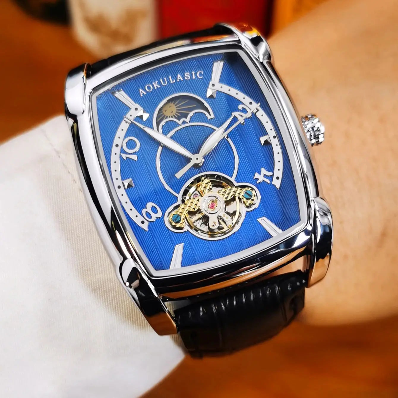 Luxury Tonneau Skeleton Watch – Moon Phase Automatic Edition