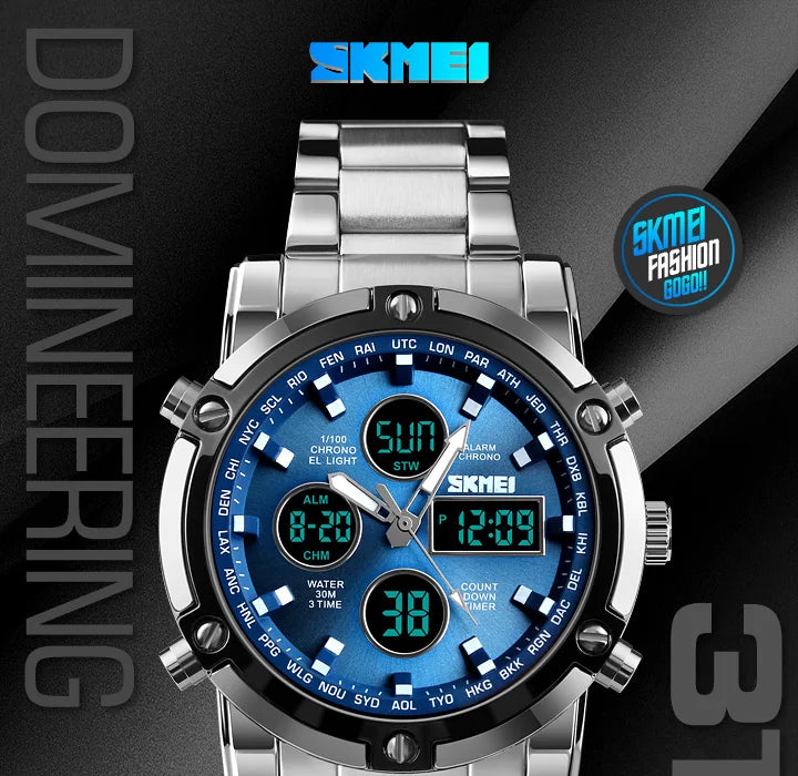 Luxury Steel Hybrid Watch – Analog Digital Dual Time