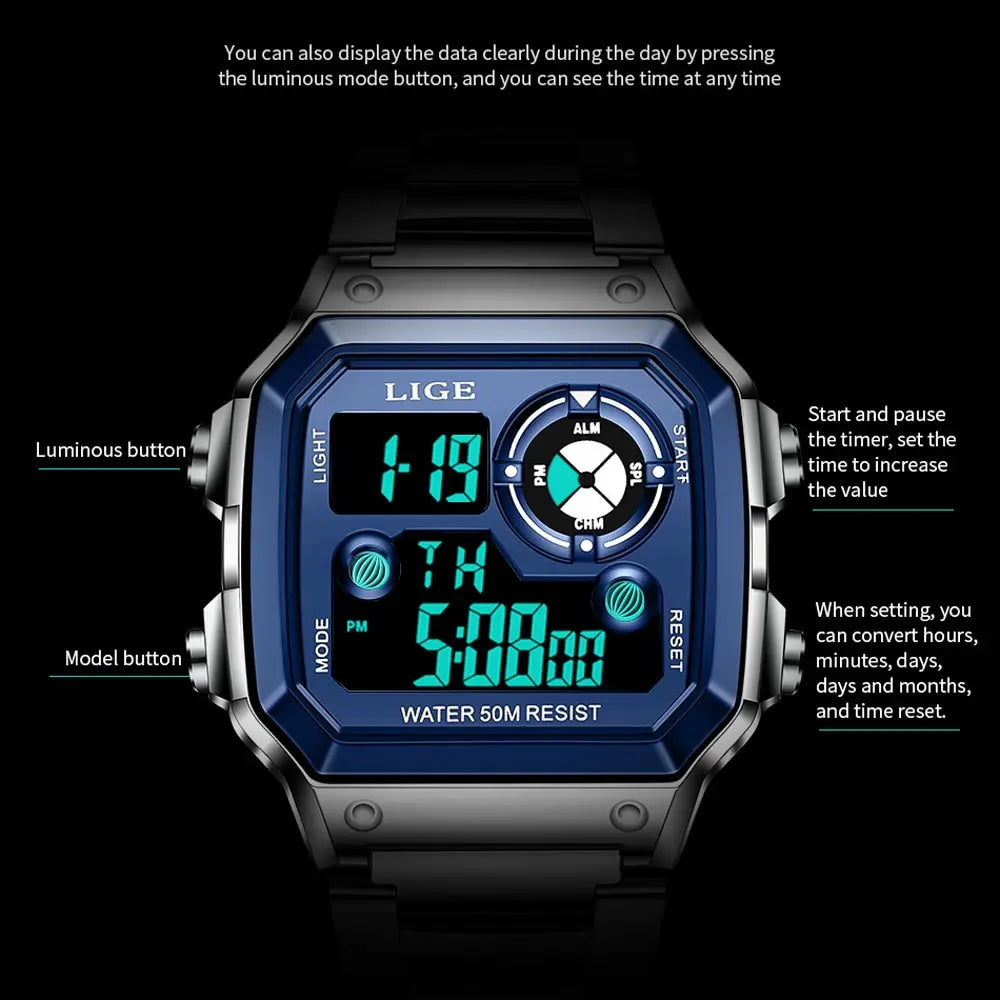 Luxury Steel Digital Watch – Military Waterproof Edition