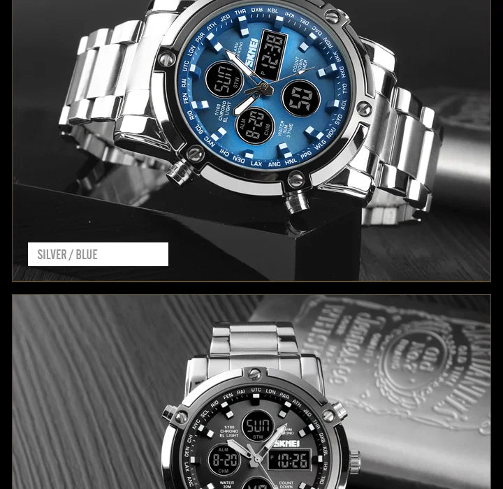 Reloj híbrido de lujo de acero – Hora dual analógica y digital