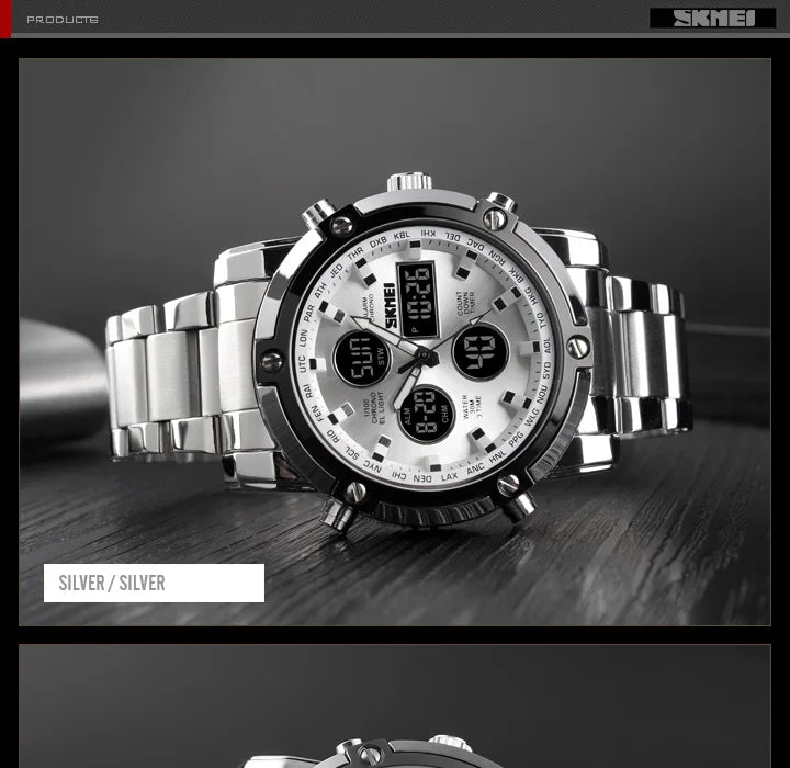 Reloj híbrido de lujo de acero – Hora dual analógica y digital