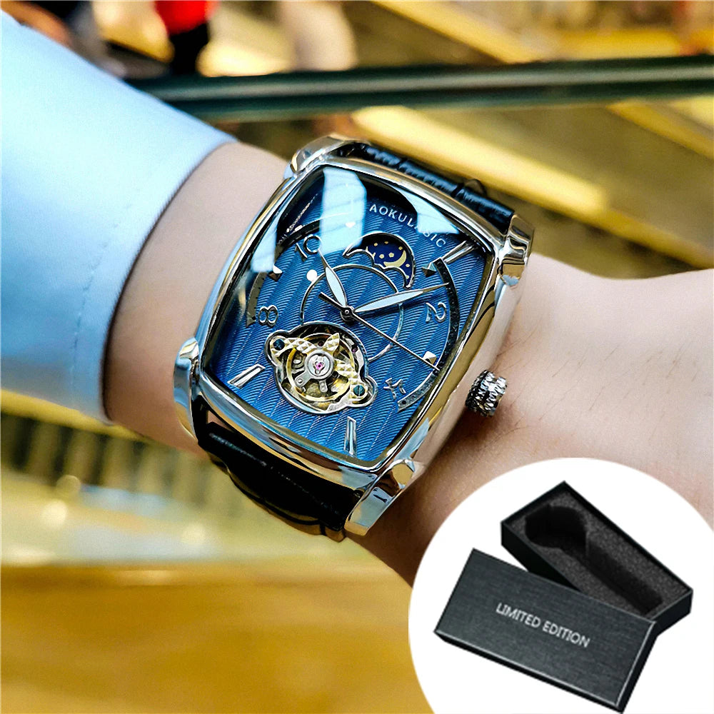Luxury Tonneau Skeleton Watch – Moon Phase Automatic Edition