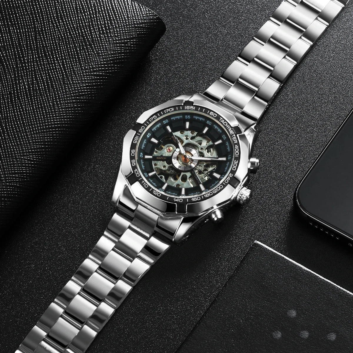 Luxury Skeleton Mechanical Watch – Open Dial Steel Edition