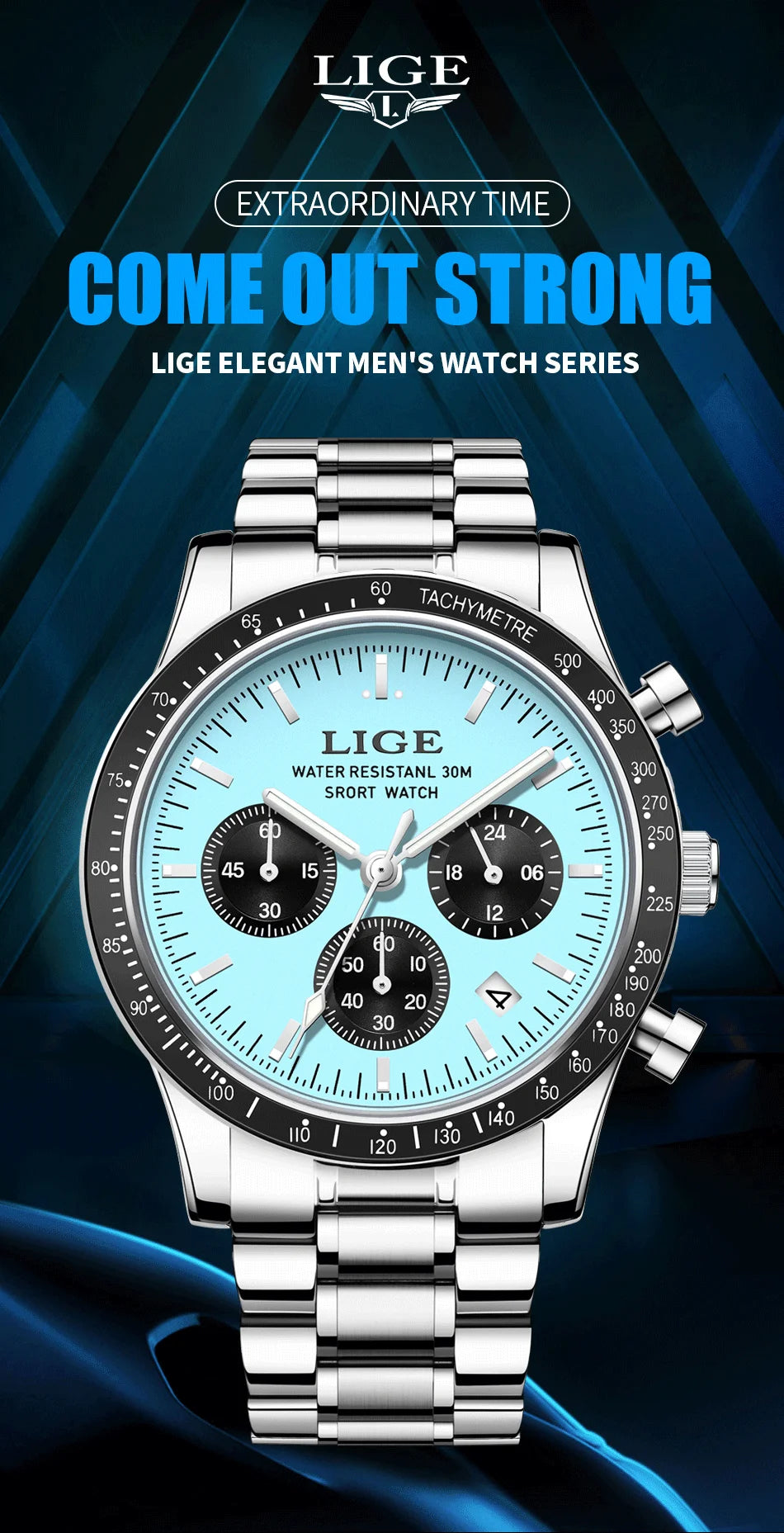 Blue Dial Chronograph Watch – Steel Business Edition