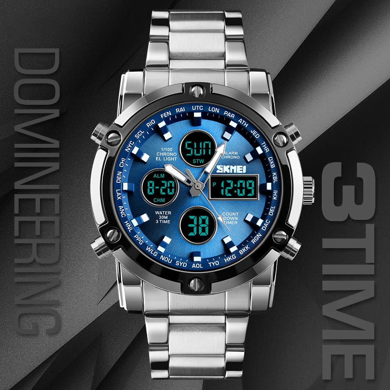 Luxury Steel Hybrid Watch – Analog Digital Dual Time
