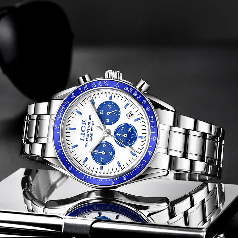 Blue Dial Chronograph Watch – Steel Business Edition